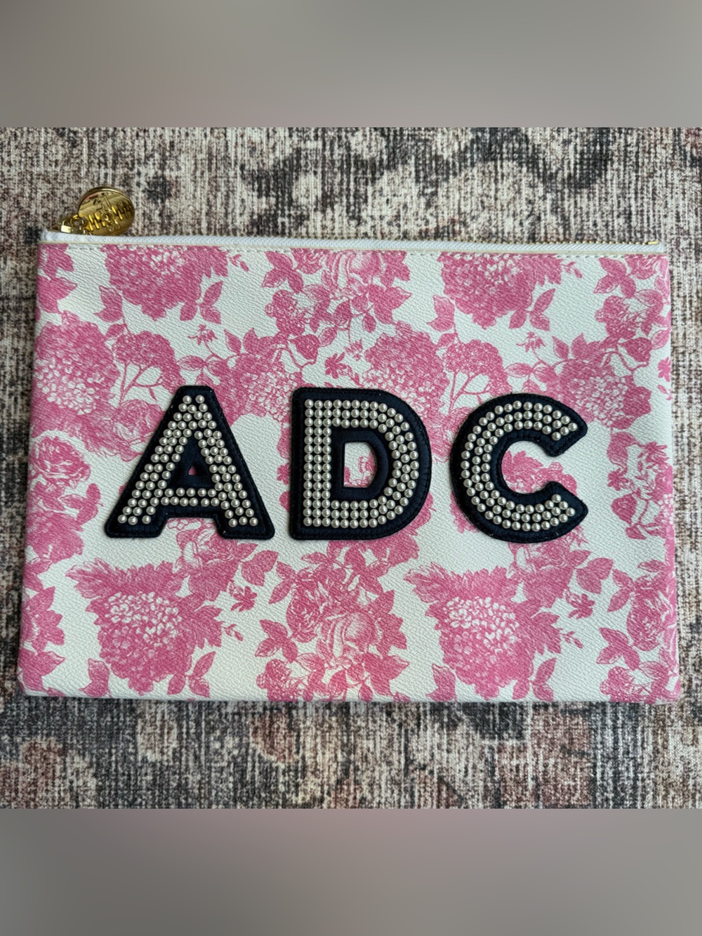 StoneyCloverLane x LoveShack Fancy Pink Floral Clutch, Navy Pearl Sewn Patches